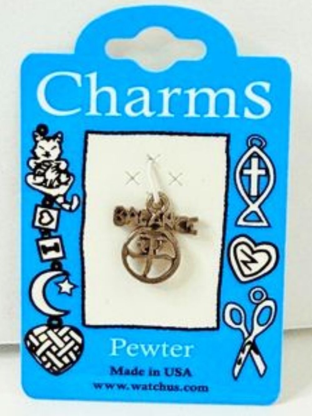 NEW VINTAGE *WATCH US* PEWTER BALANCE CHARM SILVER PENDANT ON CARD - MADE IN USA